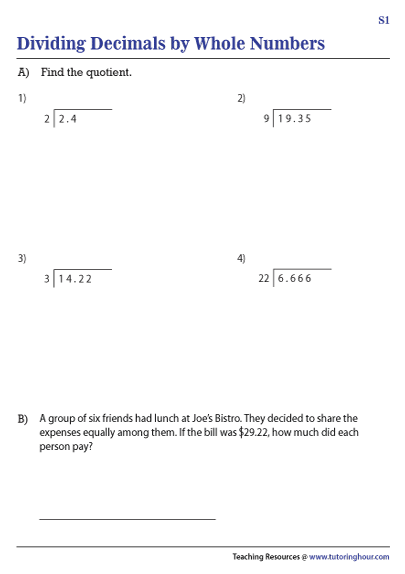 dividing decimals by whole numbers worksheet pdf