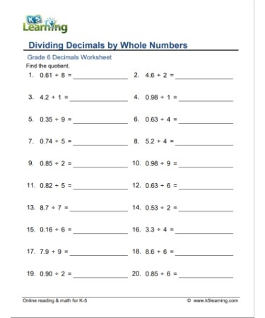  Dividing Decimals By Whole Numbers Worksheet PDF PRINTABLE 