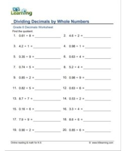  Dividing Decimals By Whole Numbers Worksheet PDF PRINTABLE 