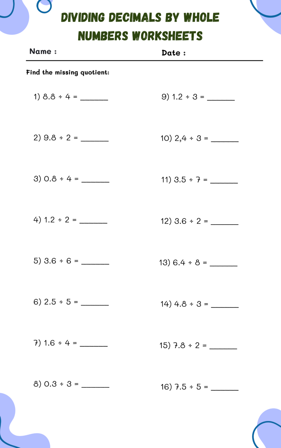 Dividing Decimals By Whole Numbers Worksheets WorksheetsGO