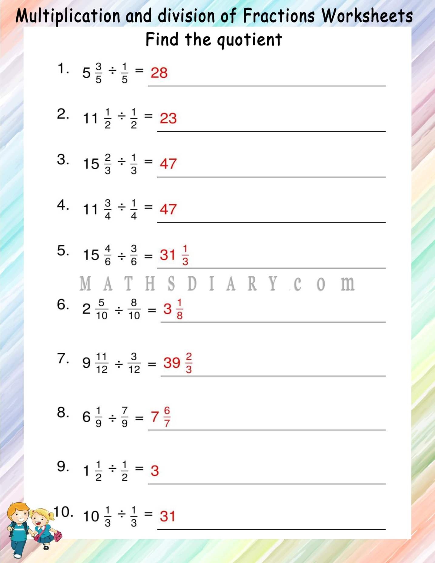 Dividing Fractions And Whole Numbers Worksheets Teaching Resources 