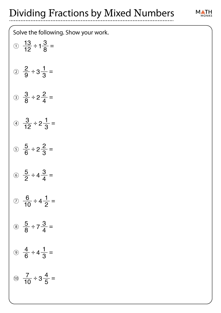 dividing mixed numbers and fractions worksheet