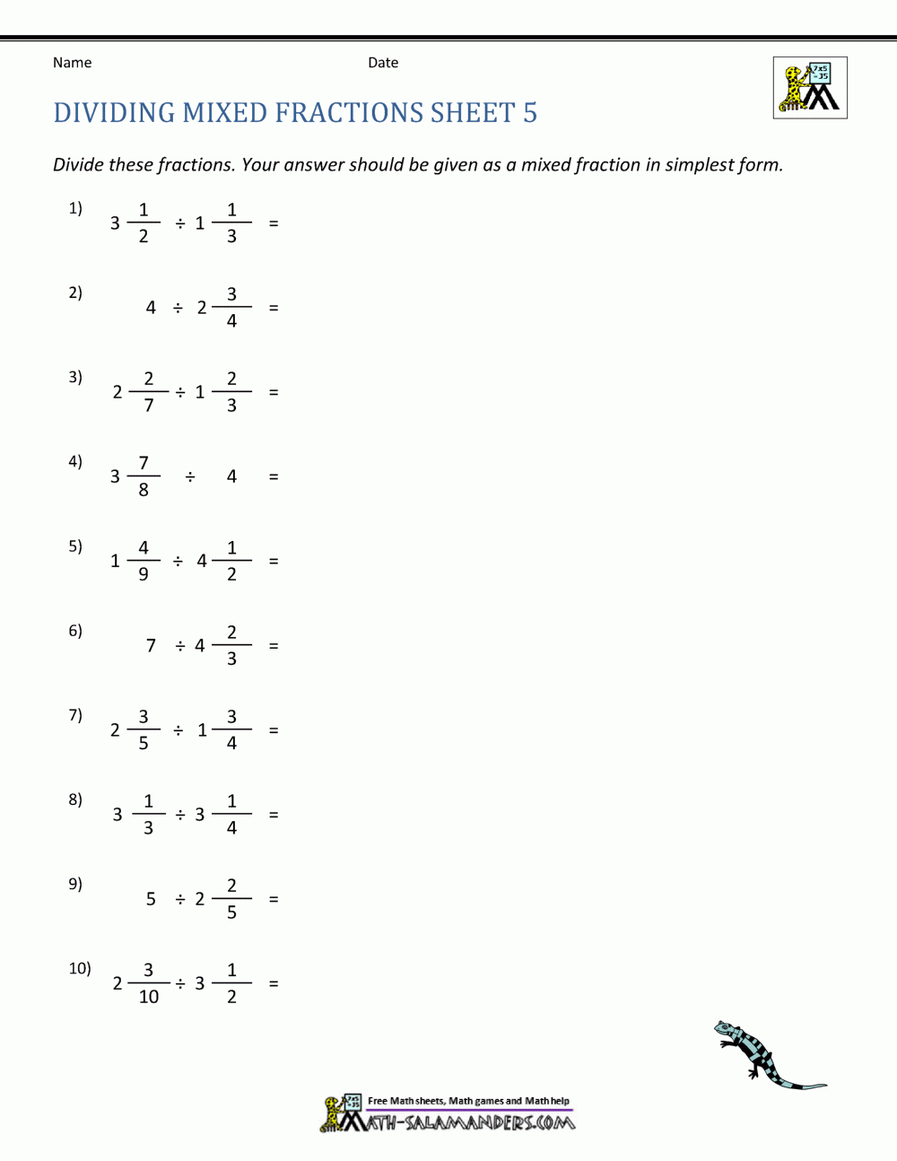 Dividing Mixed Numbers And Fractions Worksheet