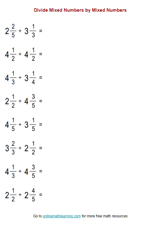 Dividing Mixed Numbers Worksheets Worksheets Worksheet Hero