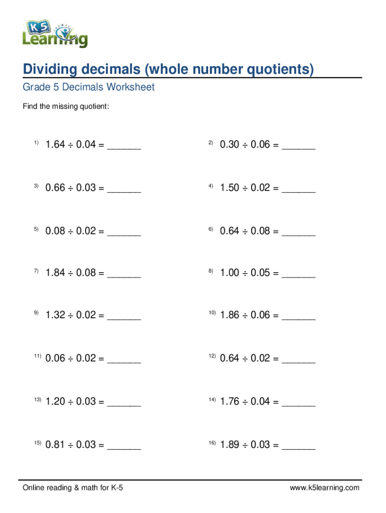 Dividing Whole Numbers By Decimals Worksheet Fill Online Printable 
