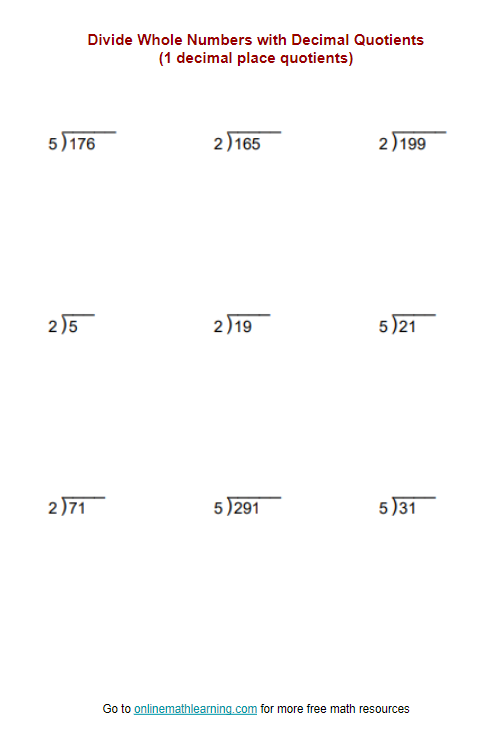 Dividing Whole Numbers By Decimals Worksheet Worksheets For Kindergarten