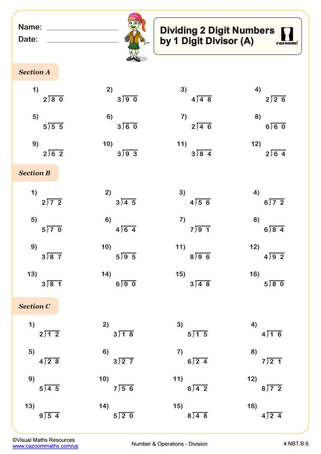 Division Dividing 2 Digit Numbers By 1 Digit Divisors A 4th Grade 