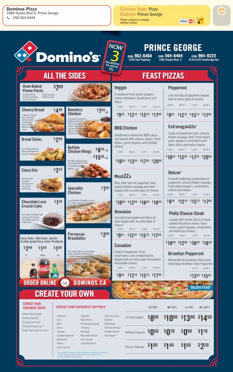 Domino 39 s Printable Menu With Prices