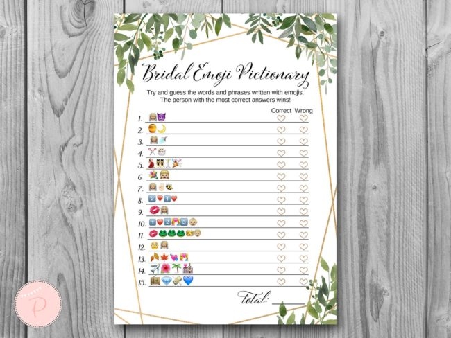 DOWNLOAD Greenery Bridal Emoji Bridal Shower Game Bride Bows