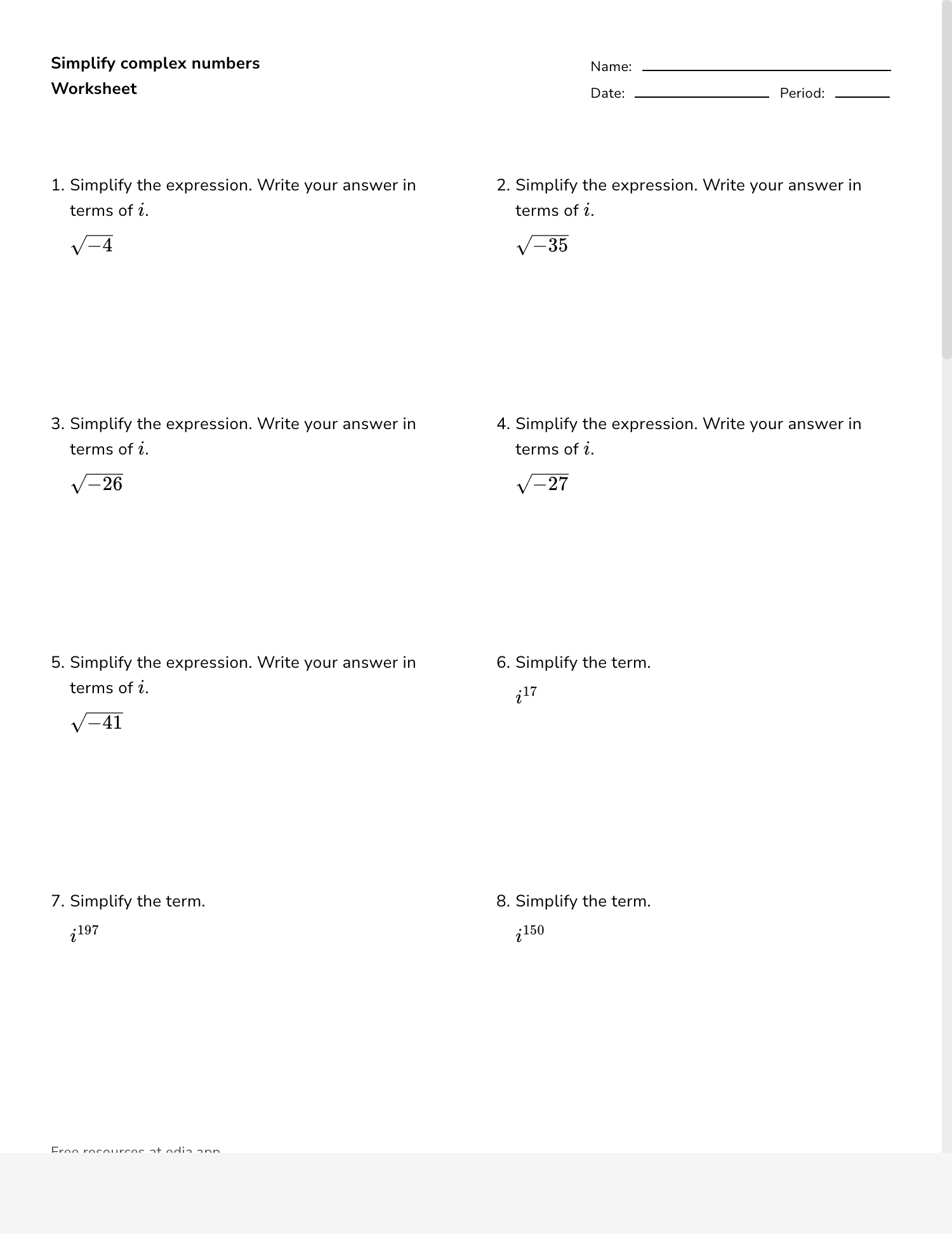 worksheet on imaginary numbers