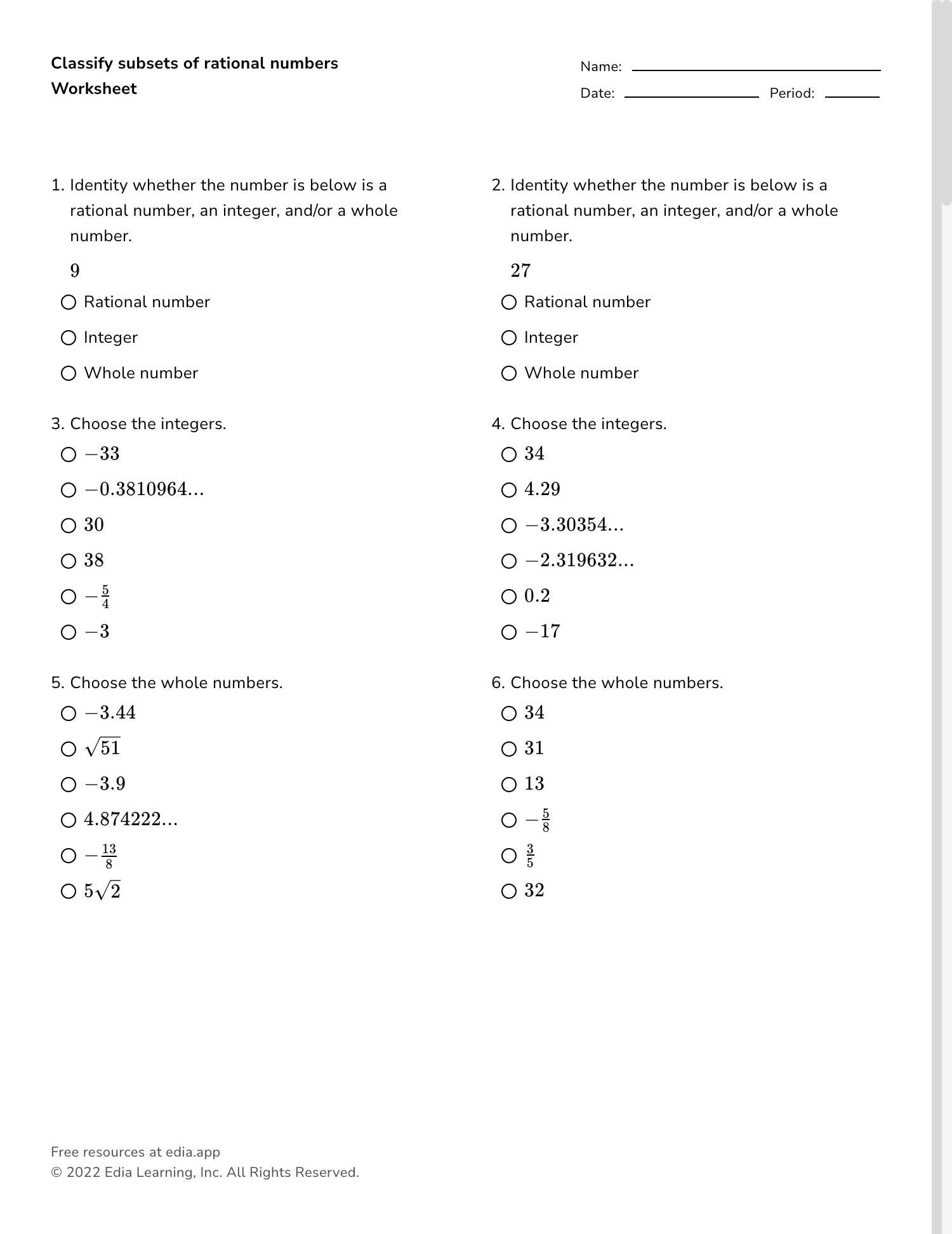 Eighth Grade Classifying Numbers As Rational Or Irrational Activity