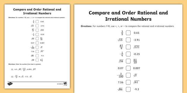 Eighth Grade Compare And Order Rational And Irrational Numbers 