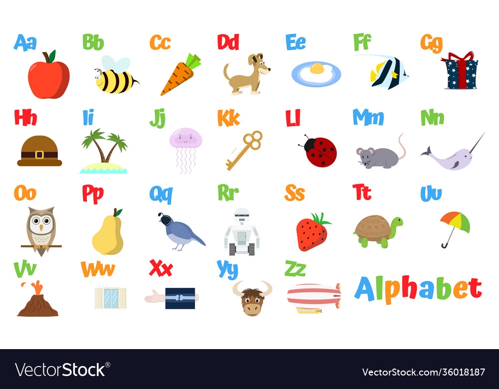 English Alphabet With Pictures For Each Letter Vector Image