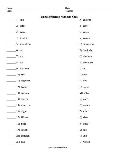 English Spanish Numbers Quiz Spanish Numbers School Worksheets 