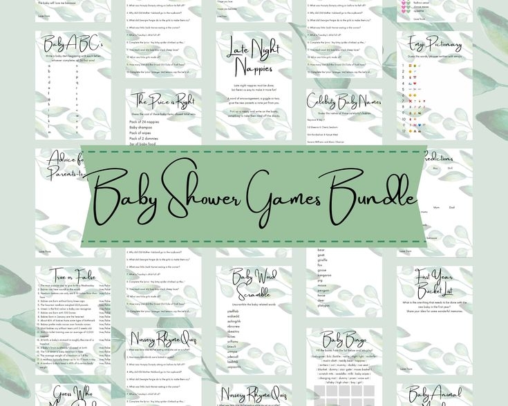 Eucalyptus Green White Baby Shower Games Bundle Printable Games 