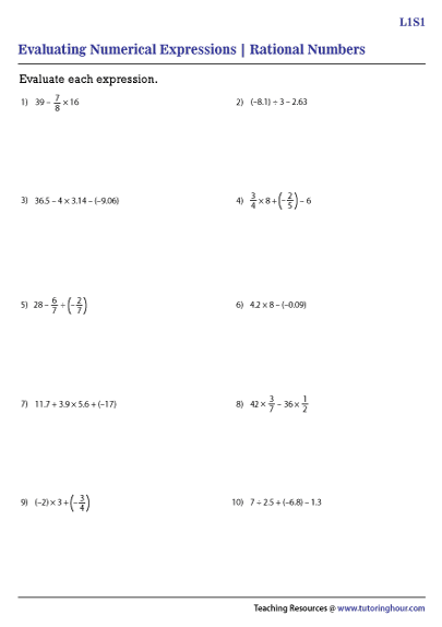 7th grade rational numbers worksheet