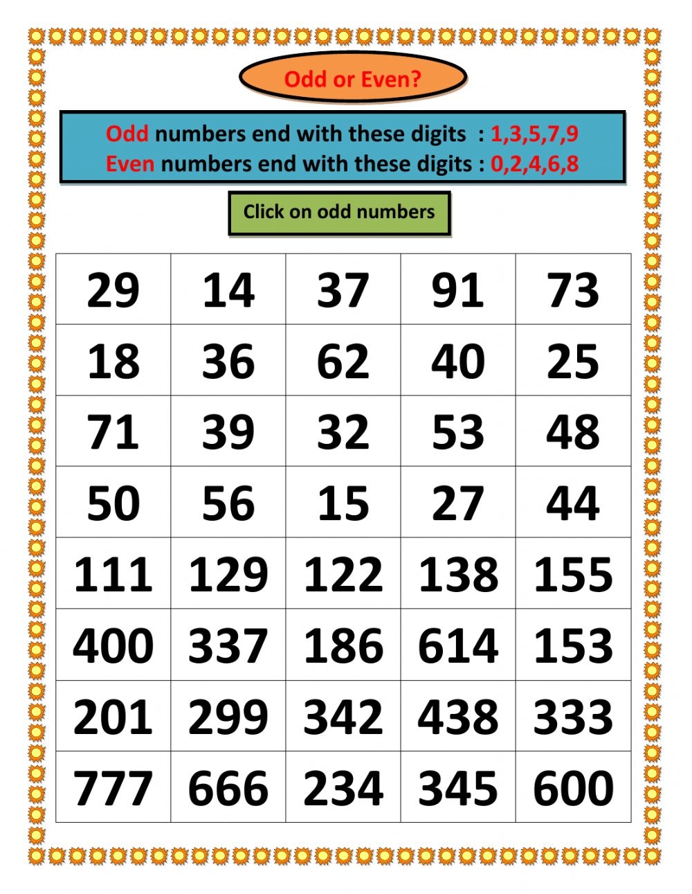 odd numbers and even numbers worksheets