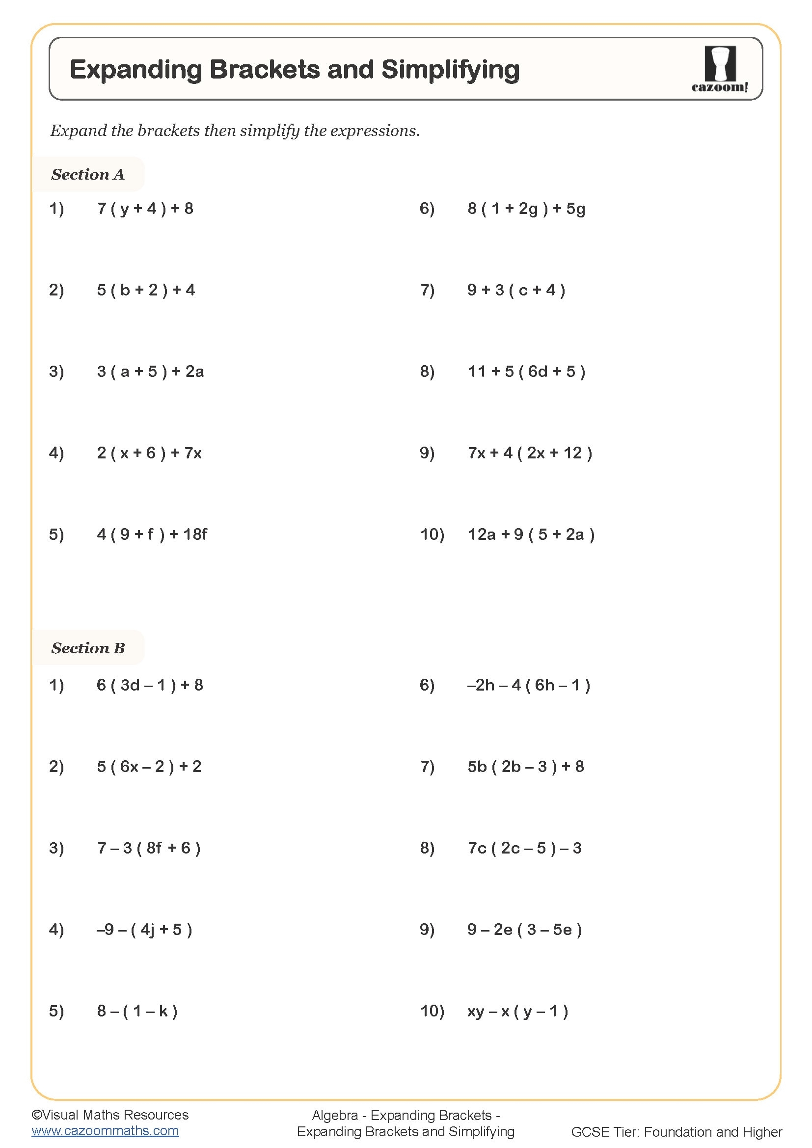 Expanding Brackets And Simplifying Worksheet Cazoom Maths Worksheets 