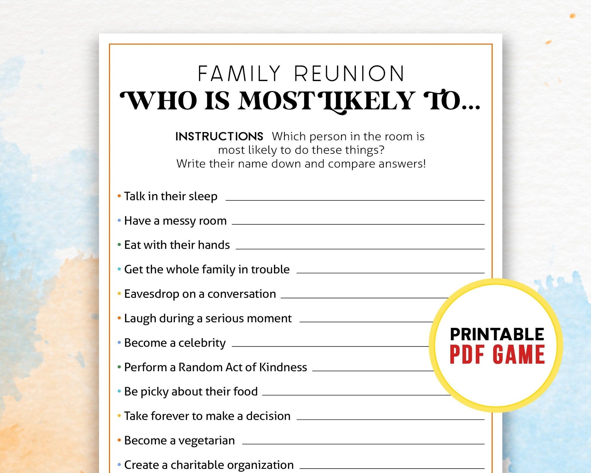 Family Reunion Who Is Most Likely To Family Gathering Party Games Party