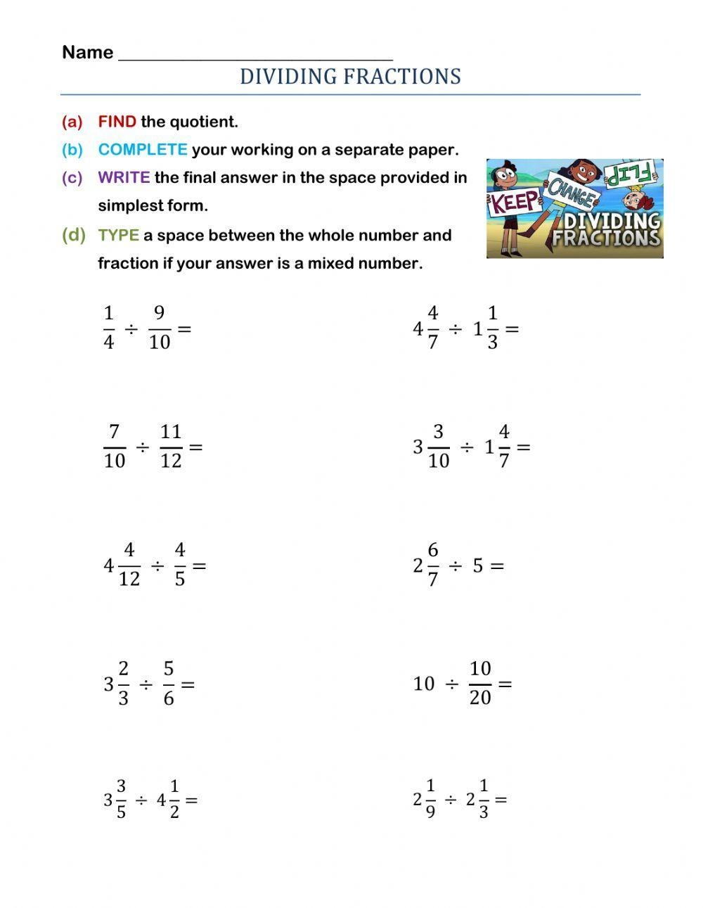 division of fractions by whole numbers worksheets