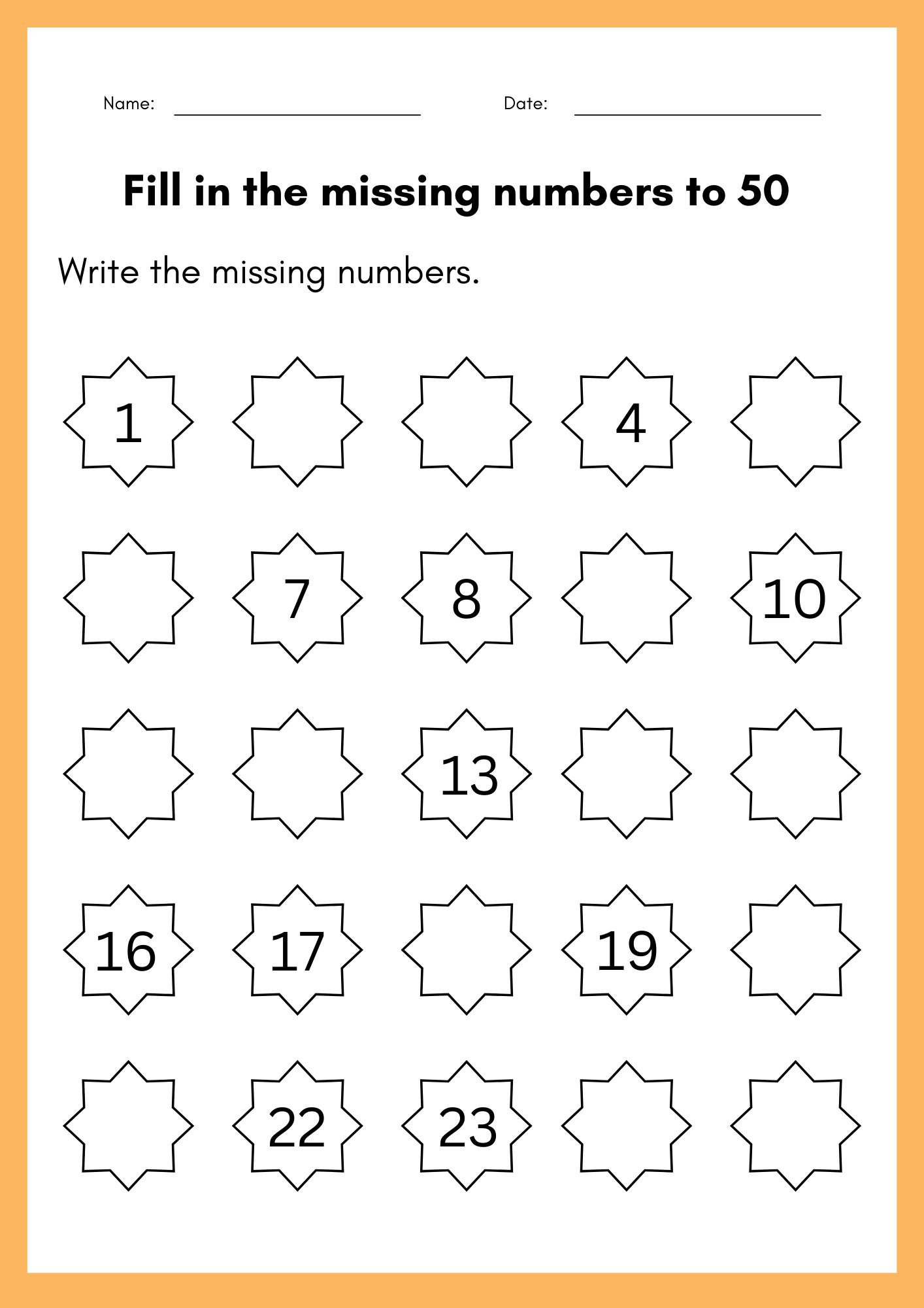 Fill In The Missing Numbers To 50 Worksheet Kindergarten Numbers 1 To 
