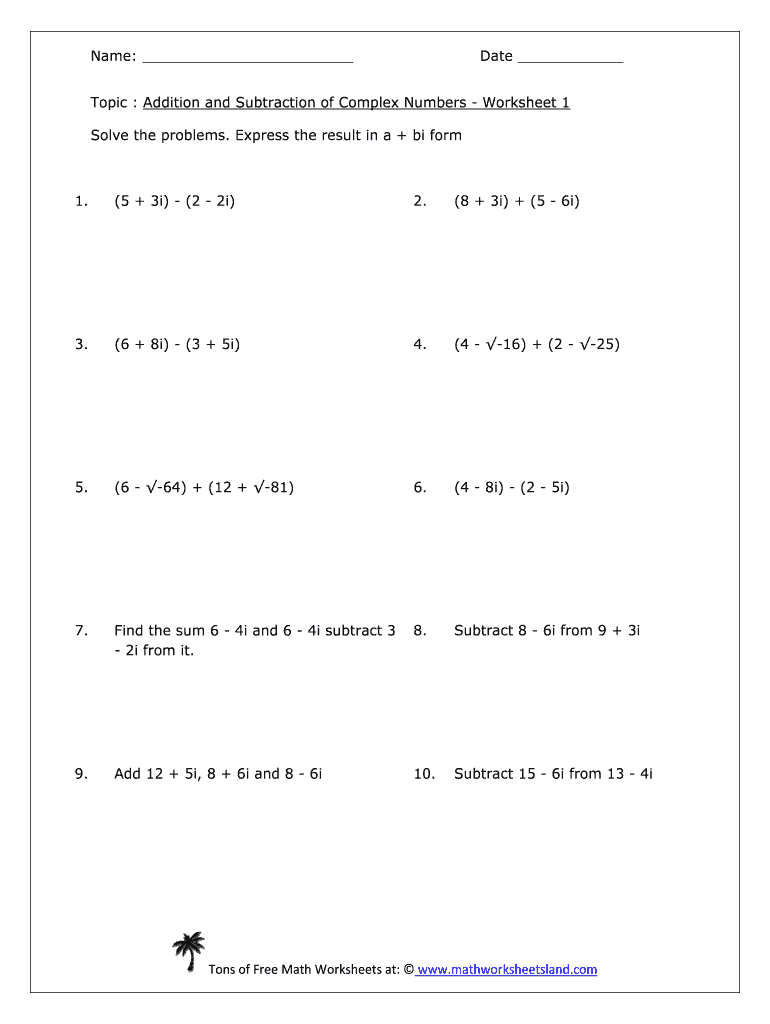 Fillable Online Addition And Subtraction Of Complex Numbers Five