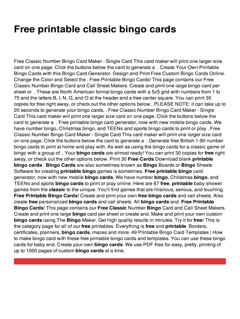 Fillable Online Free Printable Classic Bingo Cards Fax Email Print 