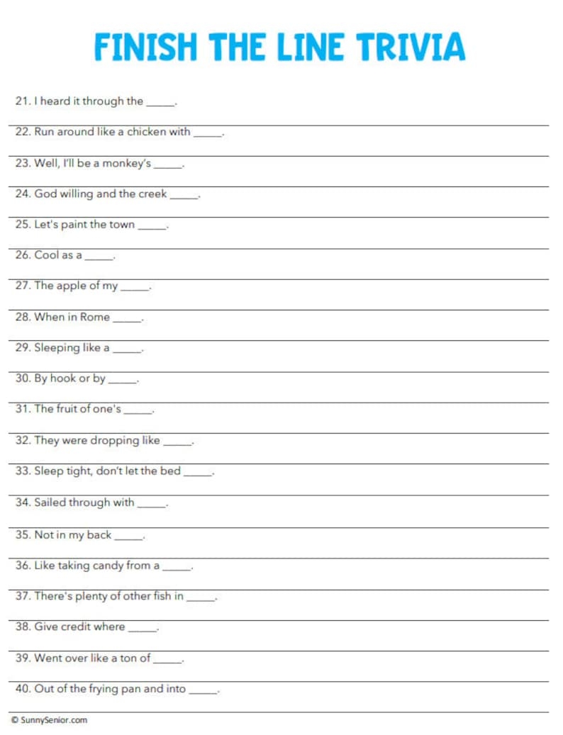 Finish The Line Reminiscence Trivia Printable Game For Dementia 