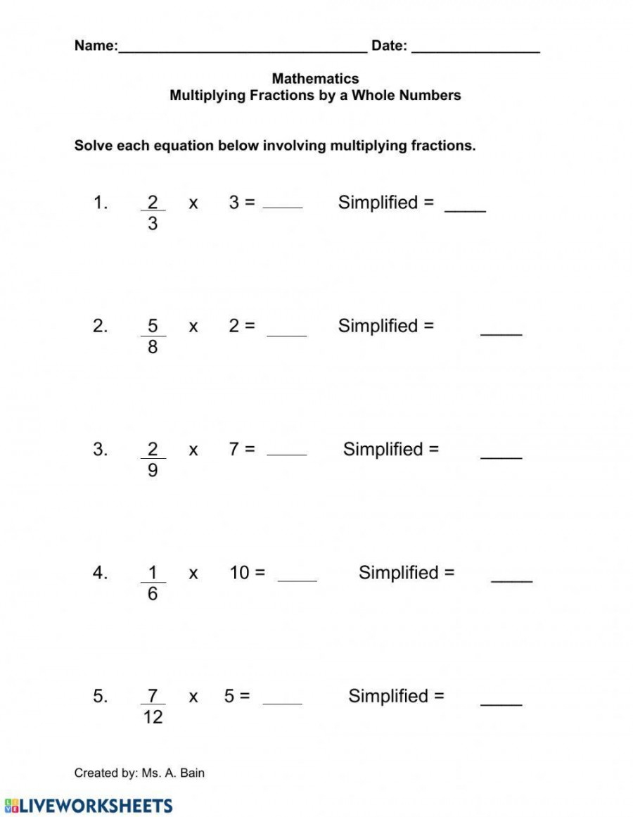 Fractions Multiplied By Whole Numbers Worksheet Printable PDF Template
