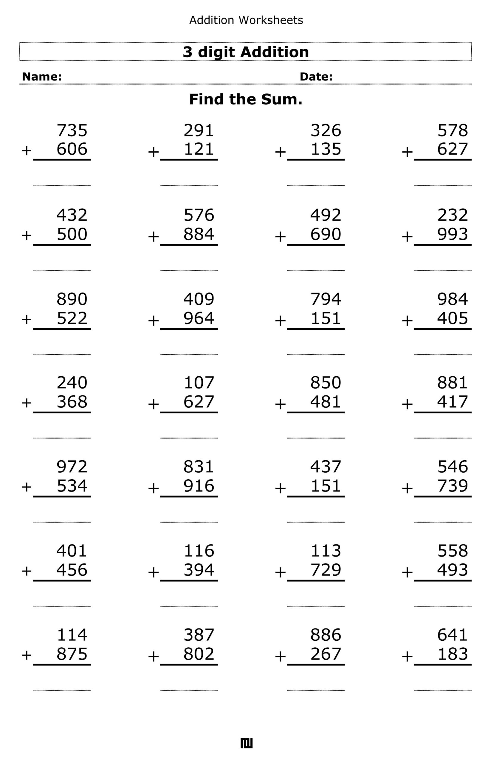 addition of three digit numbers worksheets