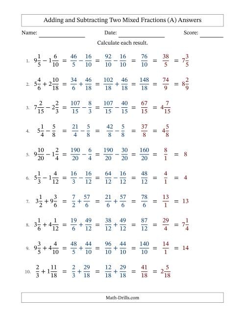adding and subtracting mixed numbers worksheets pdf with answers