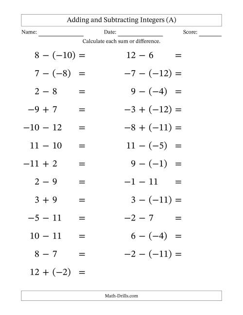Free Adding And Subtracting Negative And Positive Numbers Worksheet 