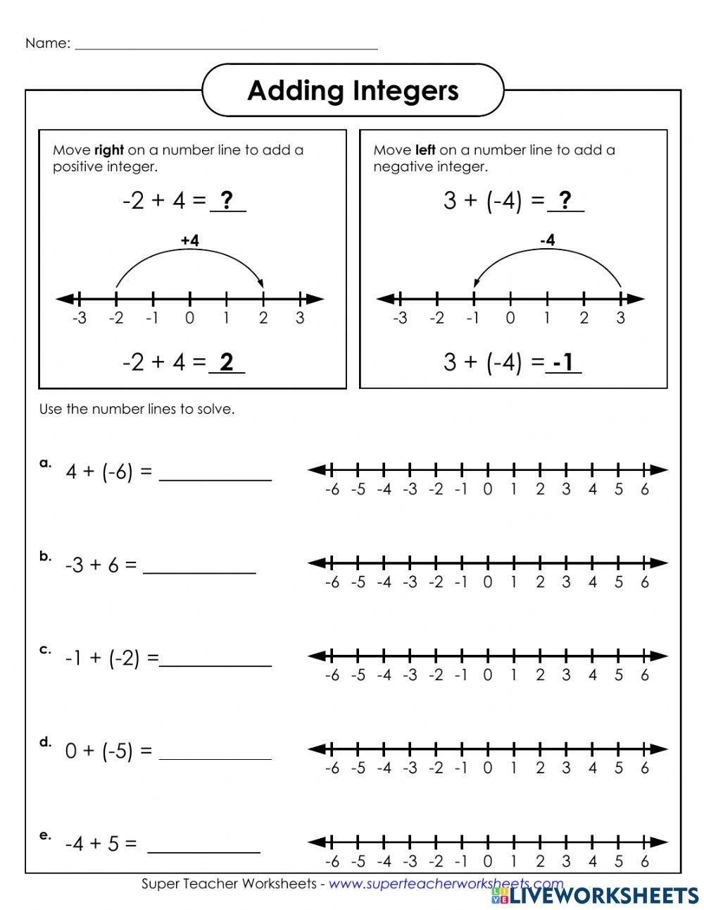 Free Adding Integers Number Line Worksheet Pdf Download Free Adding 