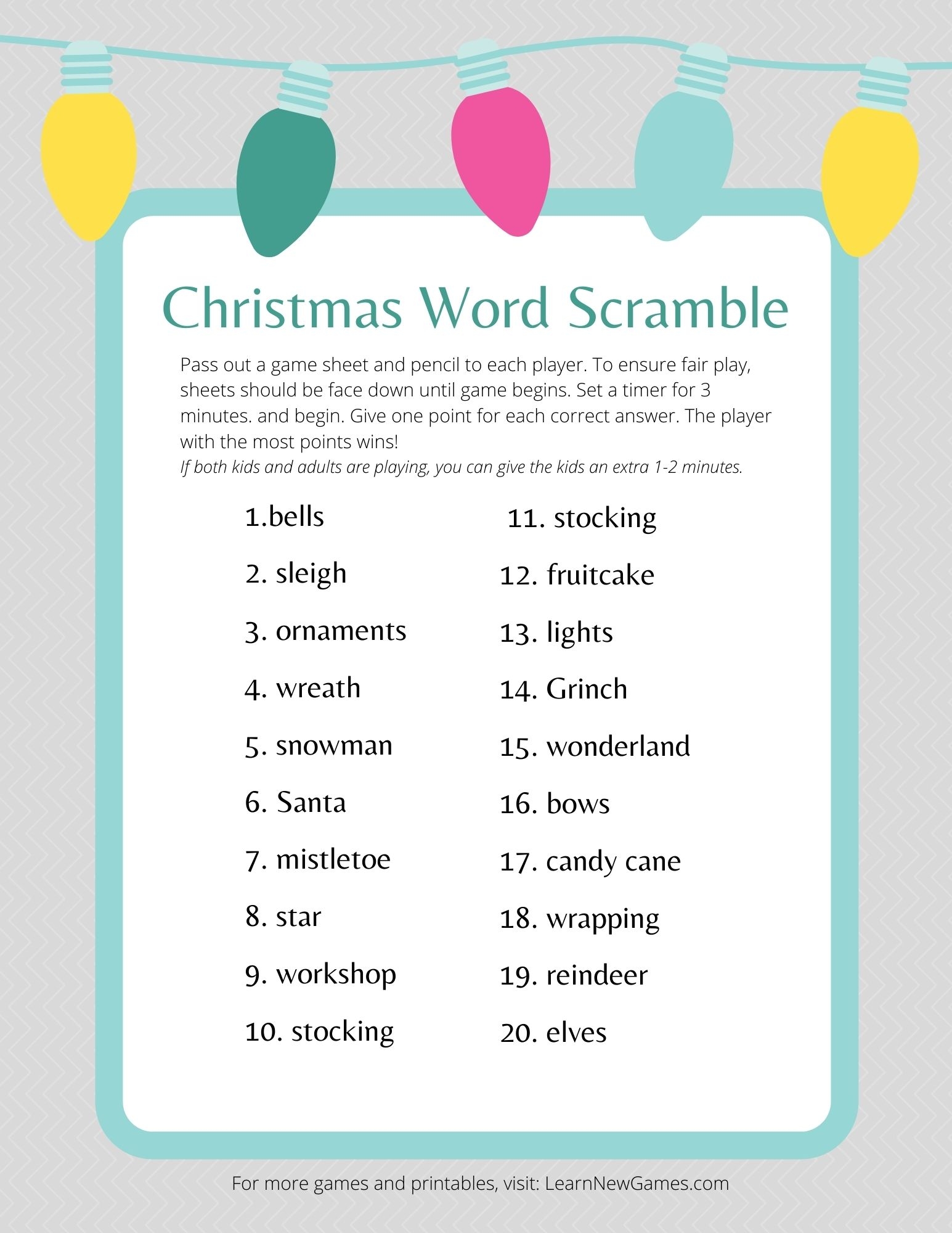 FREE Christmas Word Scramble Game PDF Learn New Games