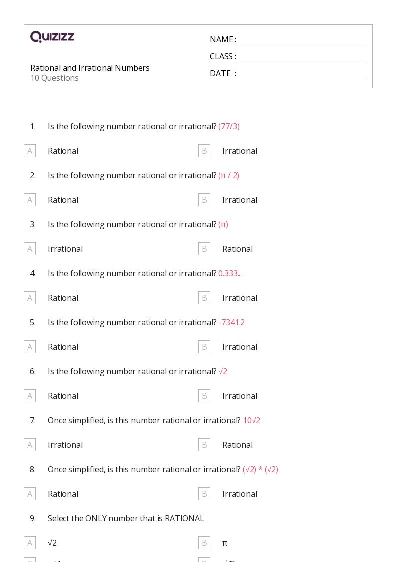 Free Classifying Rational And Irrational Numbers Worksheet Download 