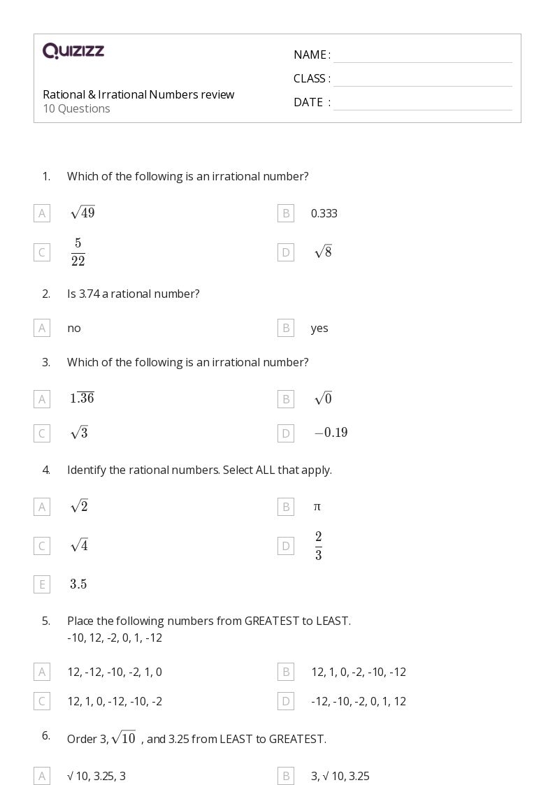 Free Classifying Rational And Irrational Numbers Worksheet Download 
