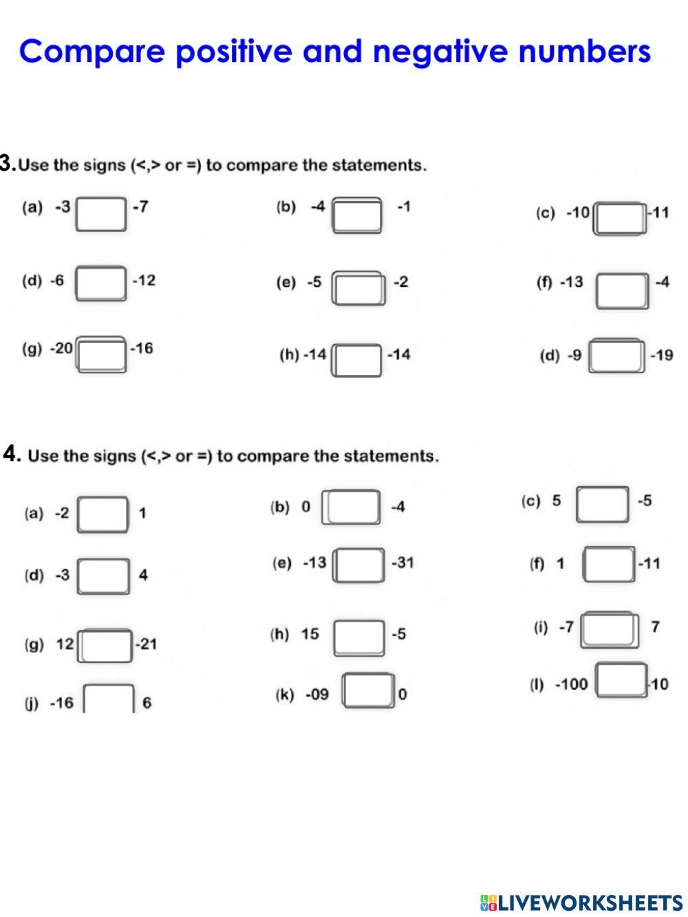 Free Comparing Positive And Negative Numbers Worksheet Download Free 