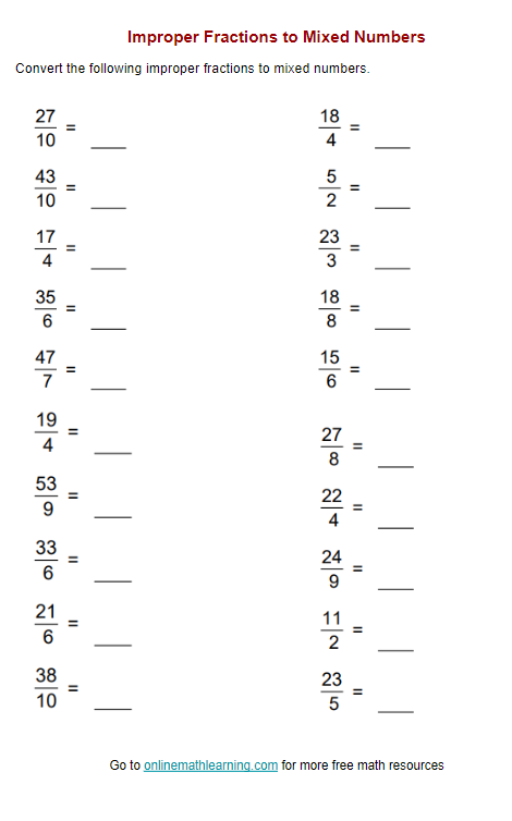 Free Converting Fractions To Mixed Numbers Worksheet Download Free 