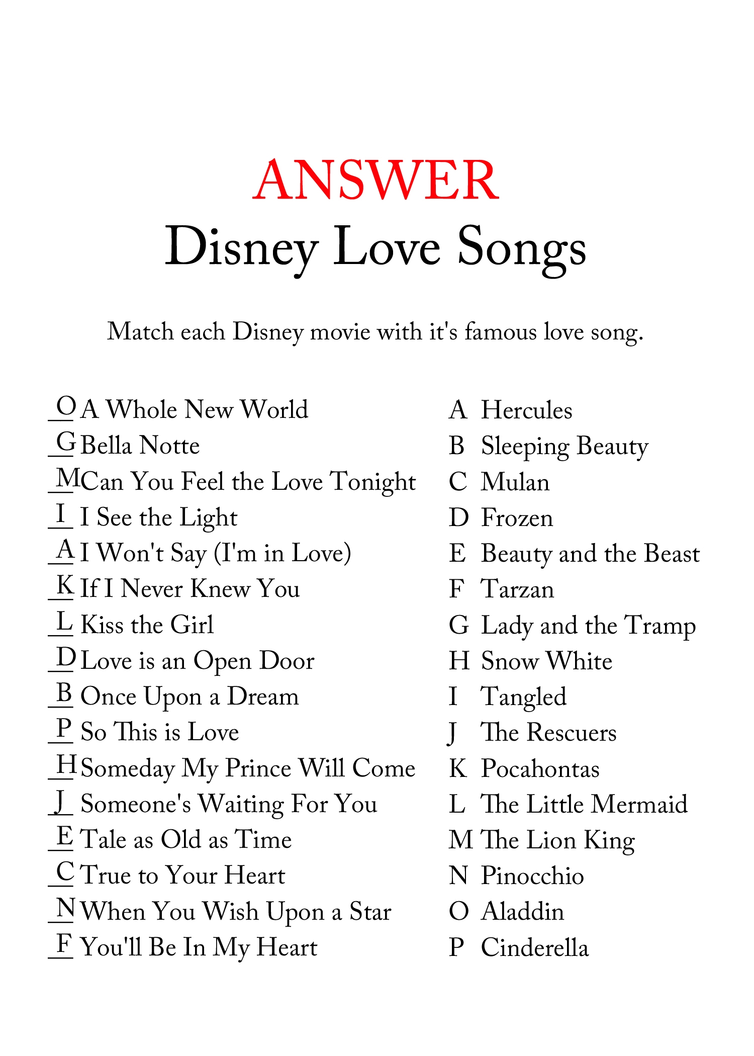 free printable disney love song bridal shower game