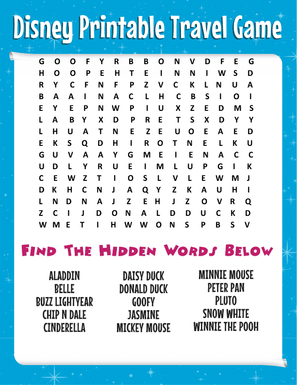 Free Disney Word Search More Printable Travel Games For Kids