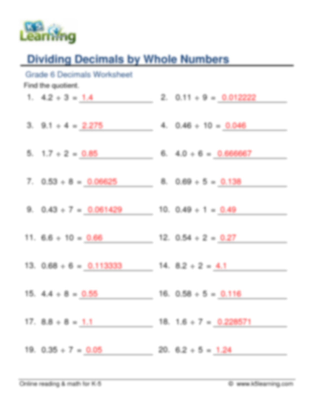 decimals divided by whole numbers worksheet