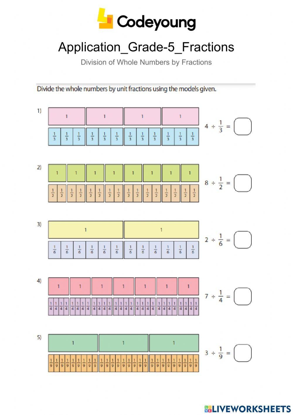 dividing whole numbers by fractions using models worksheet