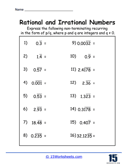 worksheets on rational and irrational numbers