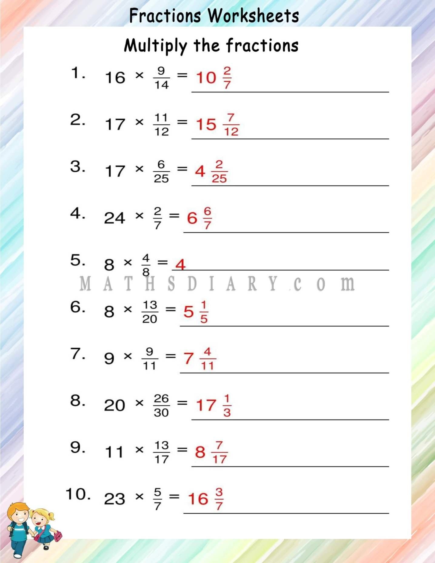 Free Multiplying Fractions By Whole Numbers Worksheets For Kids 