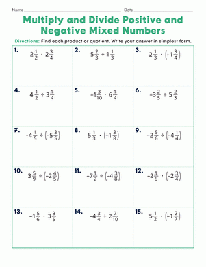 multiplying and dividing positive and negative numbers worksheets