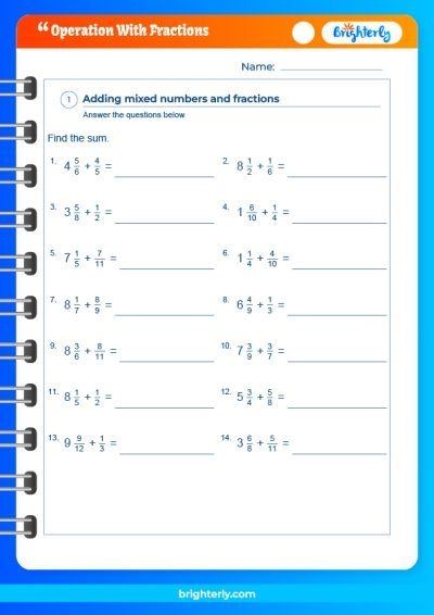 operations with mixed numbers worksheet