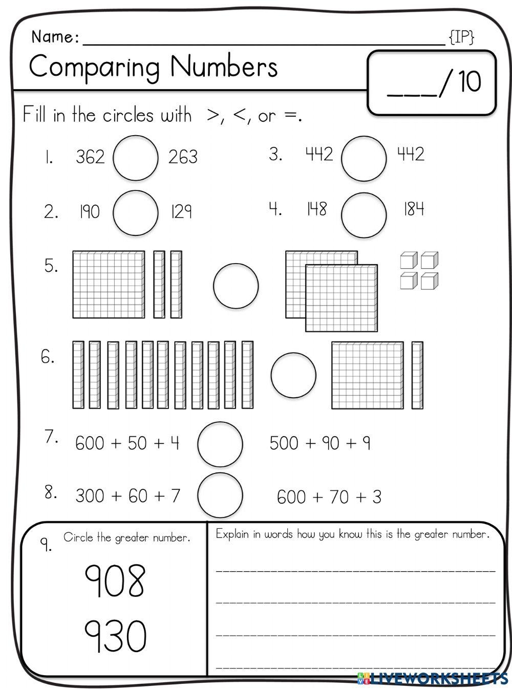 comparing numbers using place value worksheets