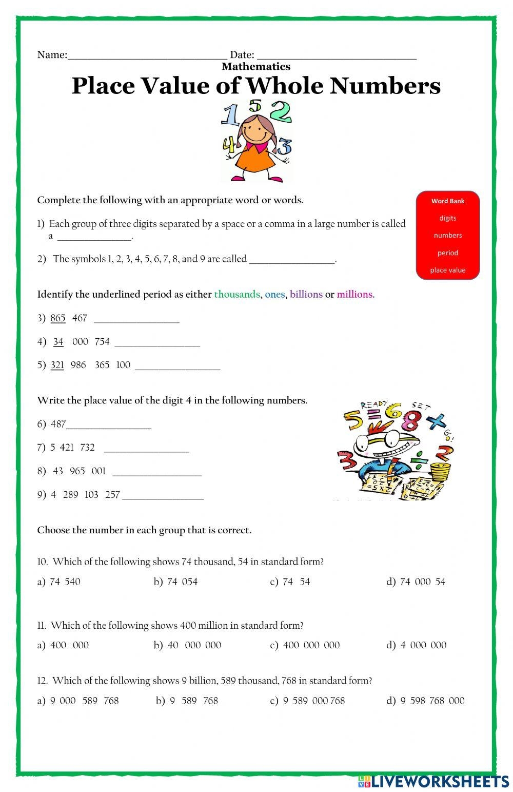Free Place Values In Whole Numbers Worksheet Download Free Place 