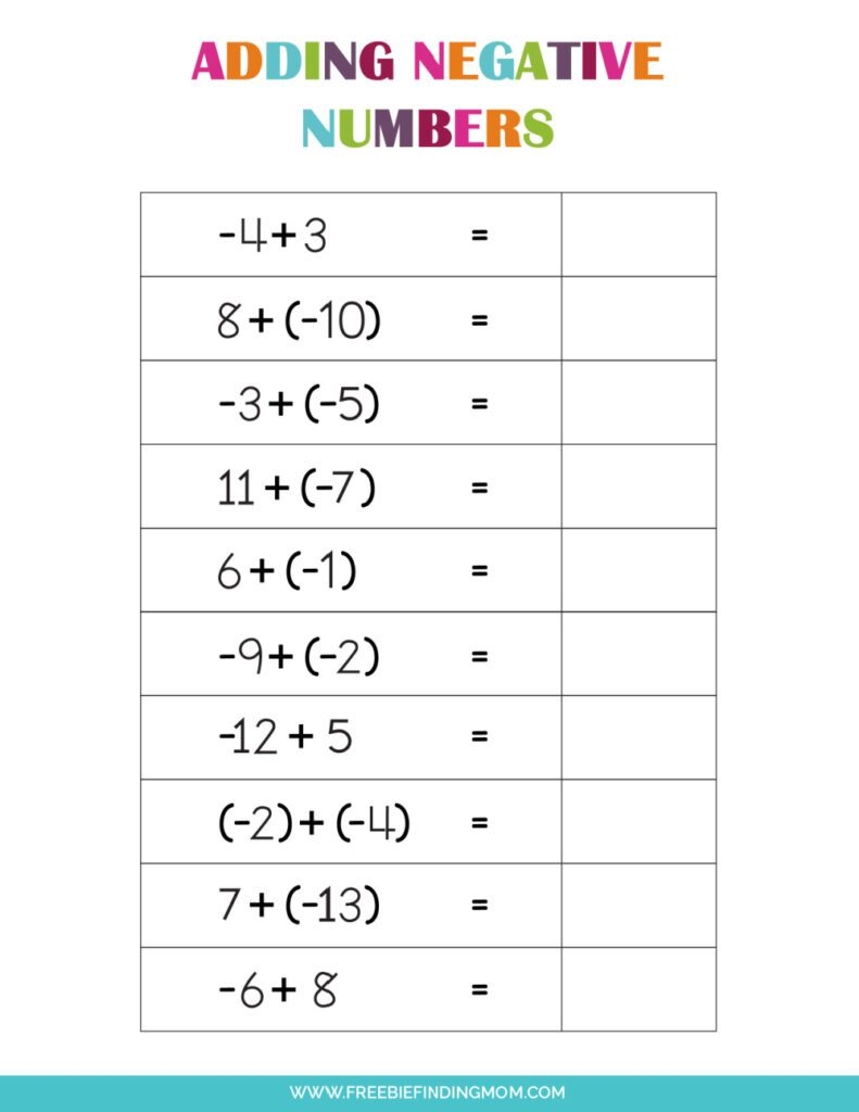 worksheets for adding and subtracting negative numbers