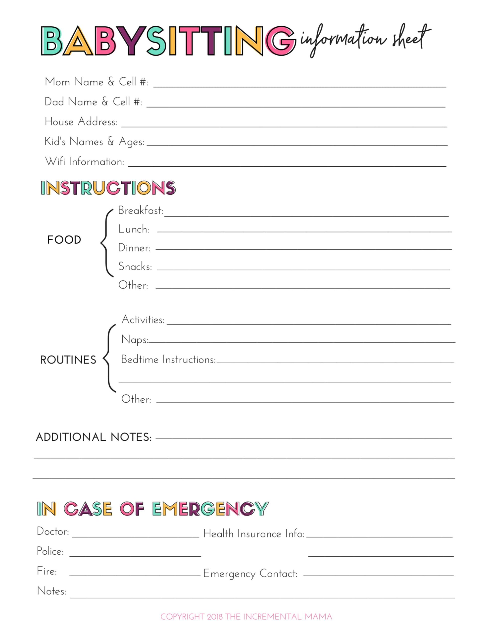 Free Printable Babysitting Information Sheet The Incremental Mama